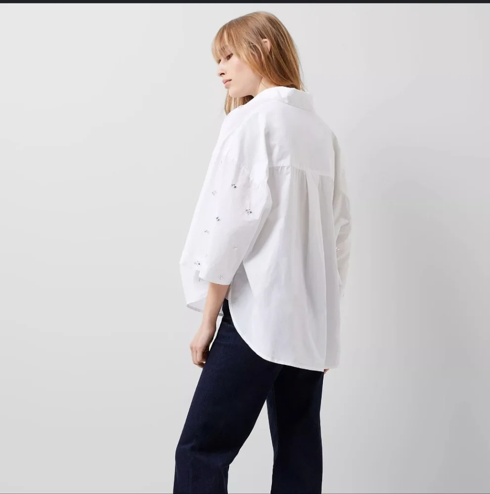 French Connection Rhodes Rhinestone Shirt, Linen White Size Medium - Picture 2 of 11